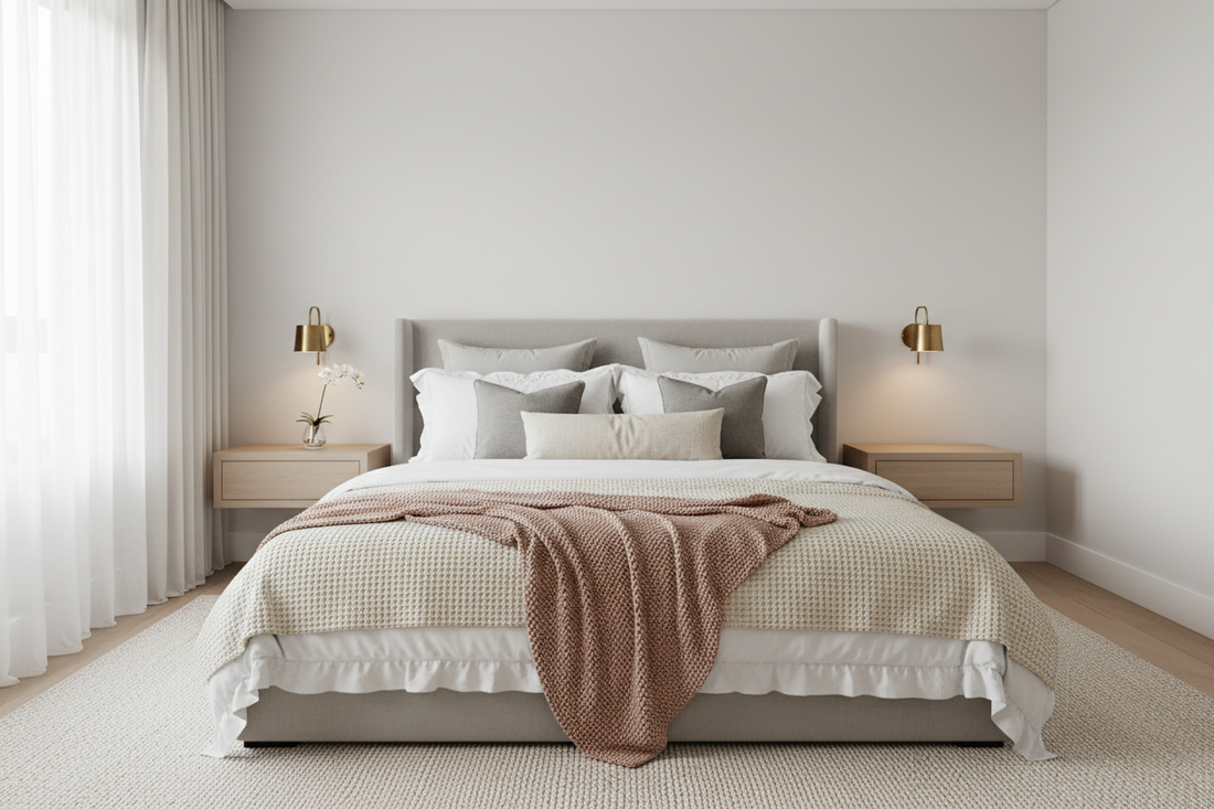Modern minimalist bedroom with neutral tones and cozy bedding for serene home decor inspiration
