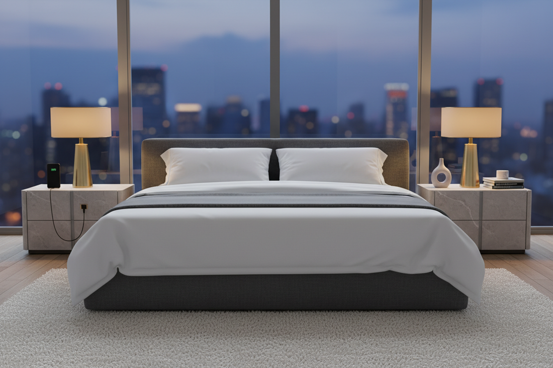 Elegant bedroom with modern table lamps with USB ports for luxury and convenient charging