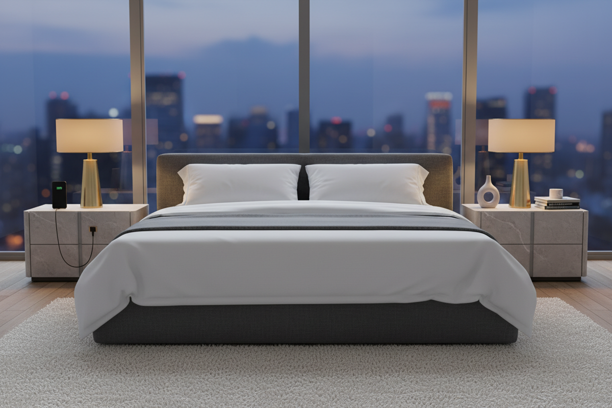 Elegant bedroom with modern table lamps with USB ports for luxury and convenient charging