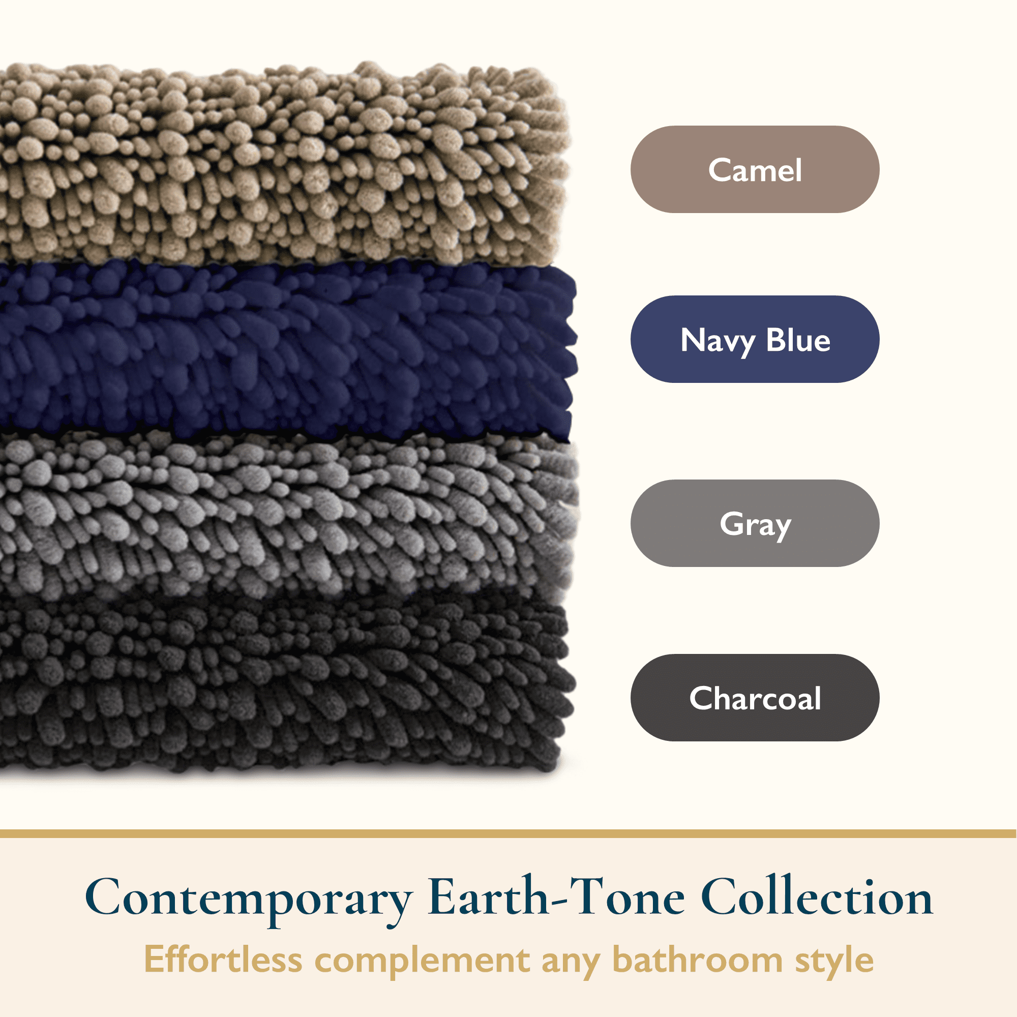 Stack of textured bath mats in camel, navy blue, gray, and charcoal with color swatches and text on a beige background.