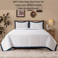 White duvet cover set with blue border on a bed in a bedroom setting.