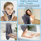 Woman using a gray towel for various bathroom activities with text highlighting its absorbent properties.