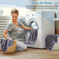 Woman washing a towel with a washing machine, with text about towel care.
