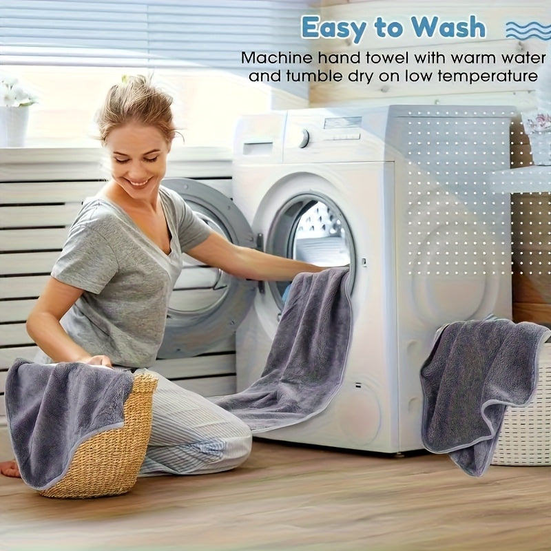 Woman washing a towel with a washing machine, with text about towel care.