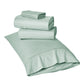 Set of green striped bedding on a white background