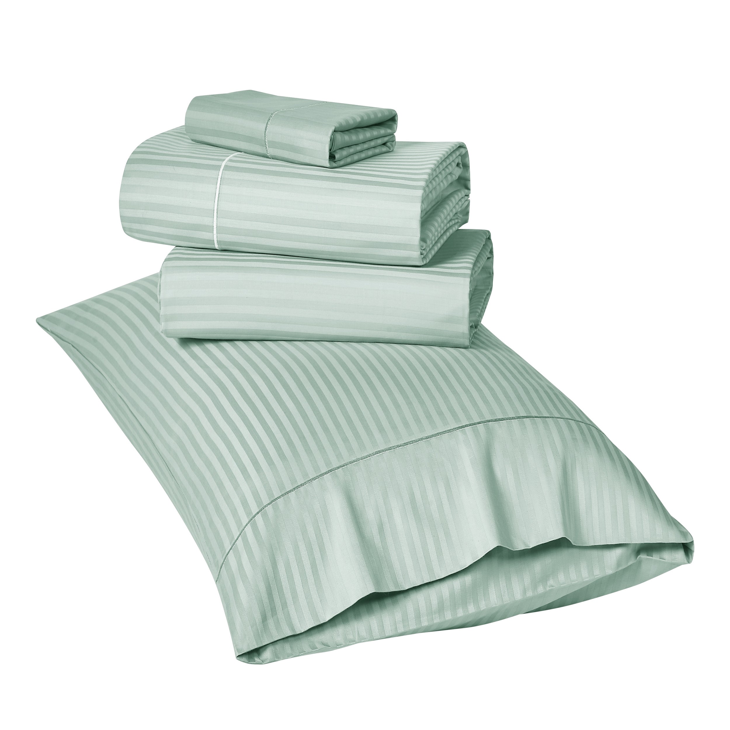 Set of green striped bedding on a white background