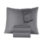 Gray striped bedding set including a duvet cover and two pillows on a white background