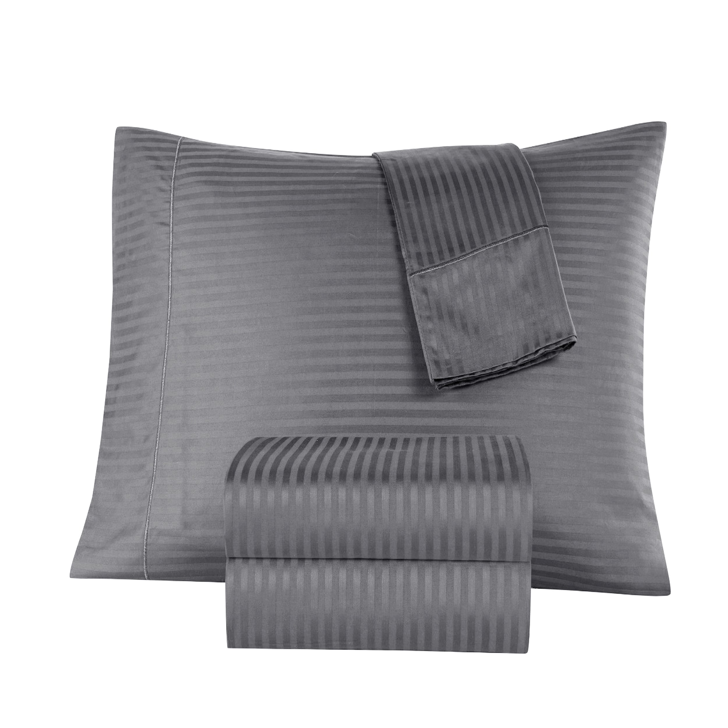 Gray striped bedding set including a duvet cover and two pillows on a white background
