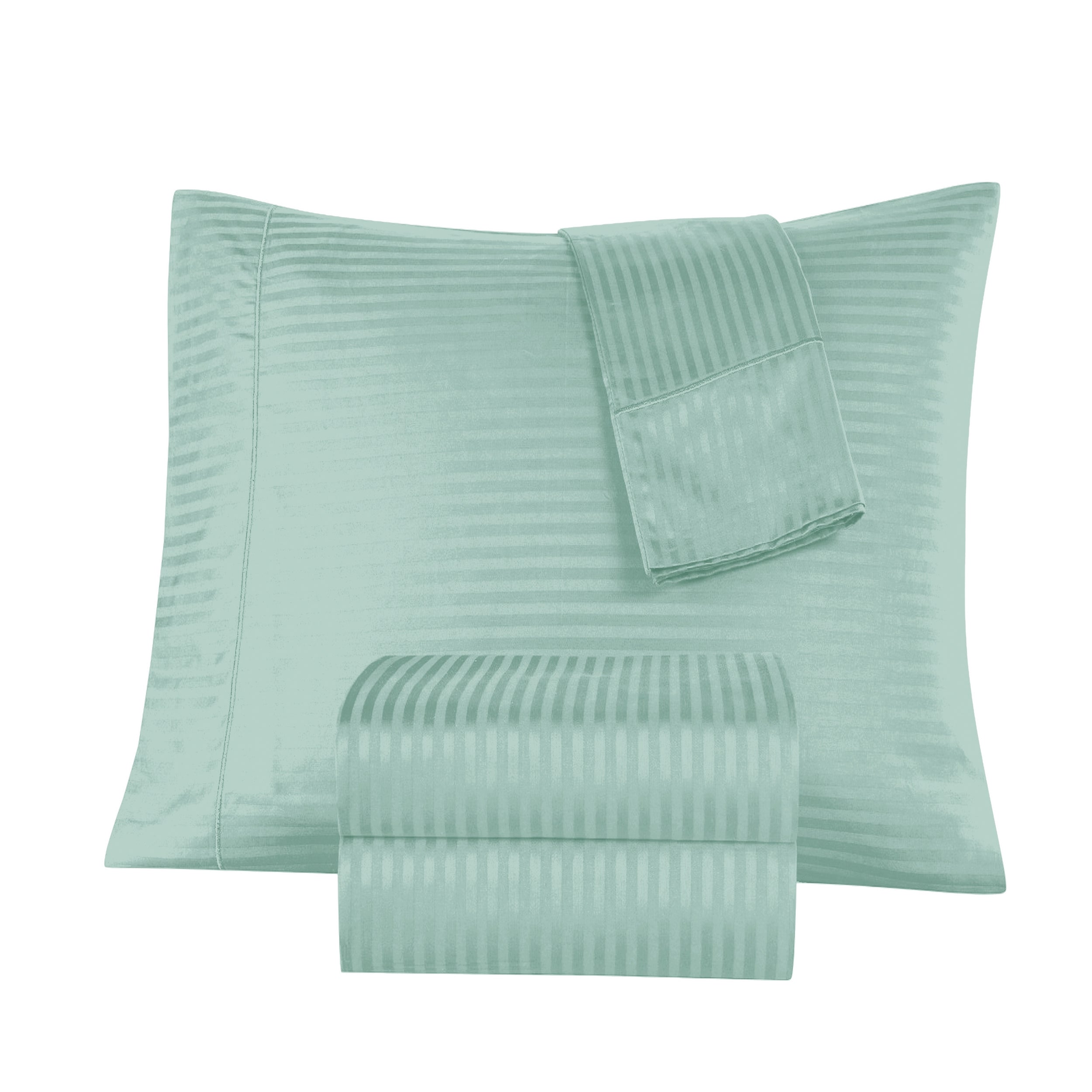 Mint green striped bedding set on a white background