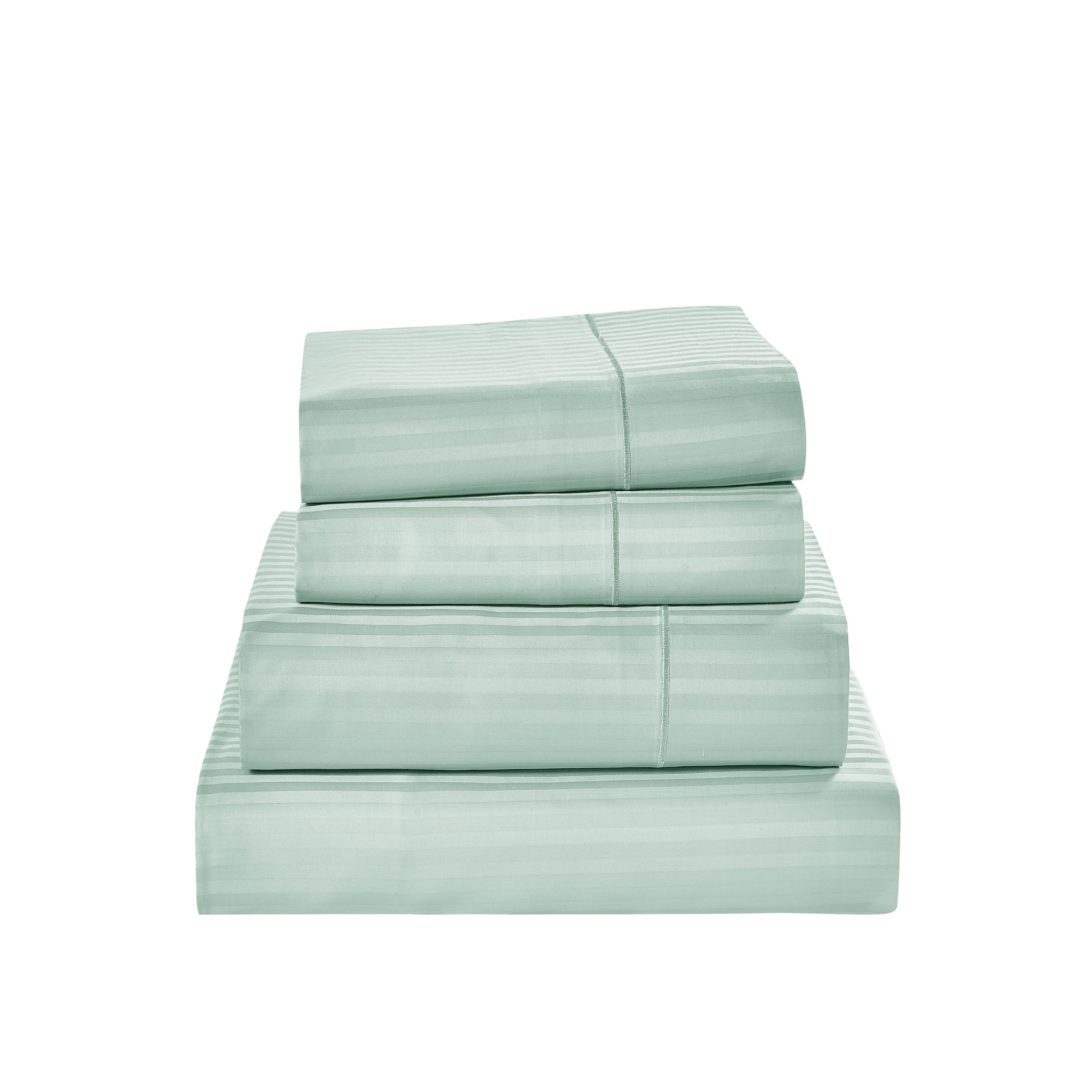 Stack of light green bed sheets on a white background