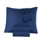 Blue striped bedding set including a duvet cover and two pillows on a white background