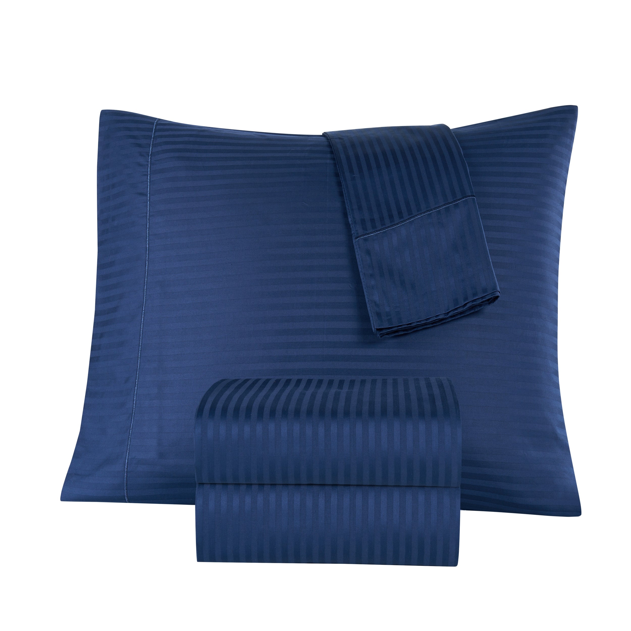 Blue striped bedding set including a duvet cover and two pillows on a white background