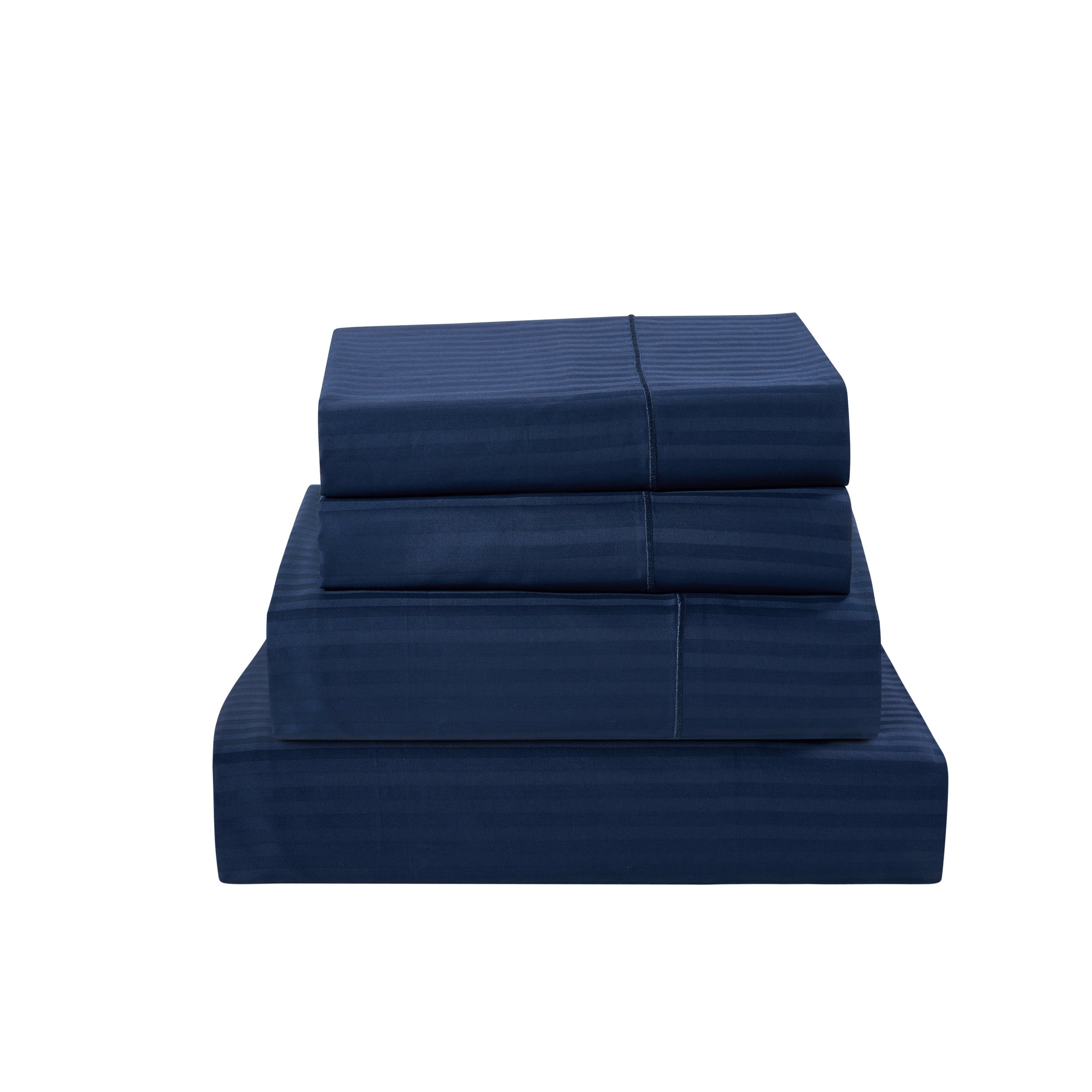 Set of blue bed sheets stacked on a white background