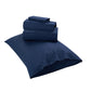 Navy blue bedding set including a duvet, pillowcases, and a flat sheet on a white background.
