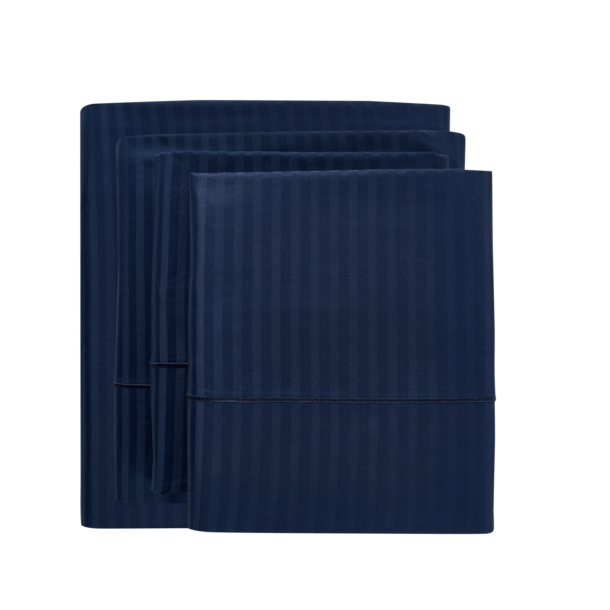 Set of navy blue bed sheets and pillowcases on a white background