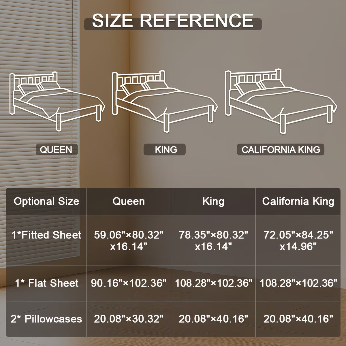 Size reference chart for Queen, King, and California King bed sizes with corresponding dimensions.