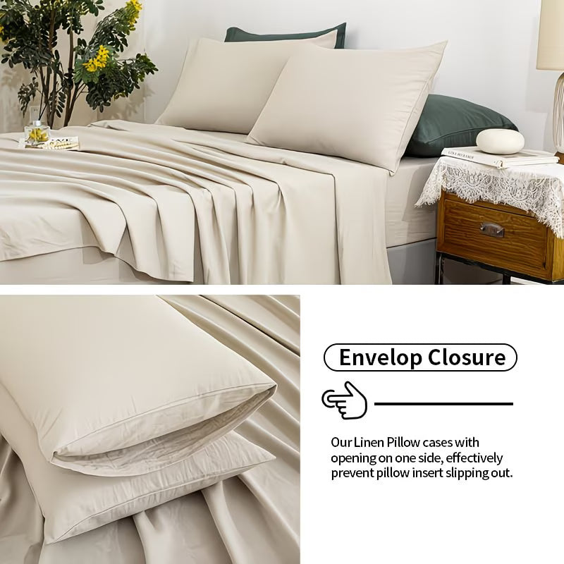 Beige linen bedding set with pillows and a nightstand in a bedroom setting, highlighting the envelop closure feature.