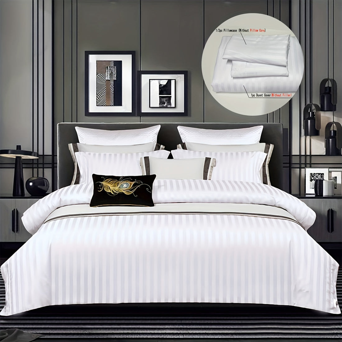 White bedding set on a bed with decorative pillows in a bedroom setting.