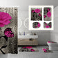 Bathroom set with pink floral and butterfly design including shower curtain, bath mats, and toilet cover.