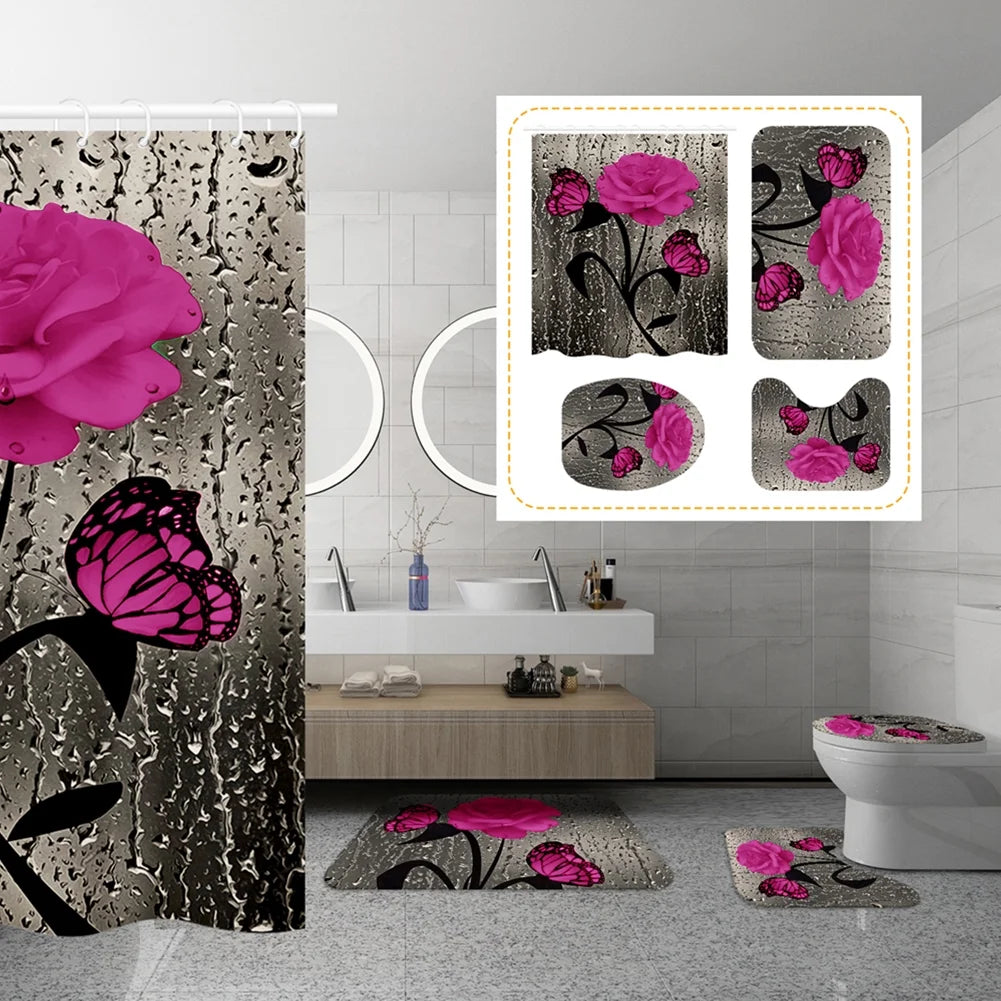 Bathroom set with pink floral and butterfly design including shower curtain, bath mats, and toilet cover.