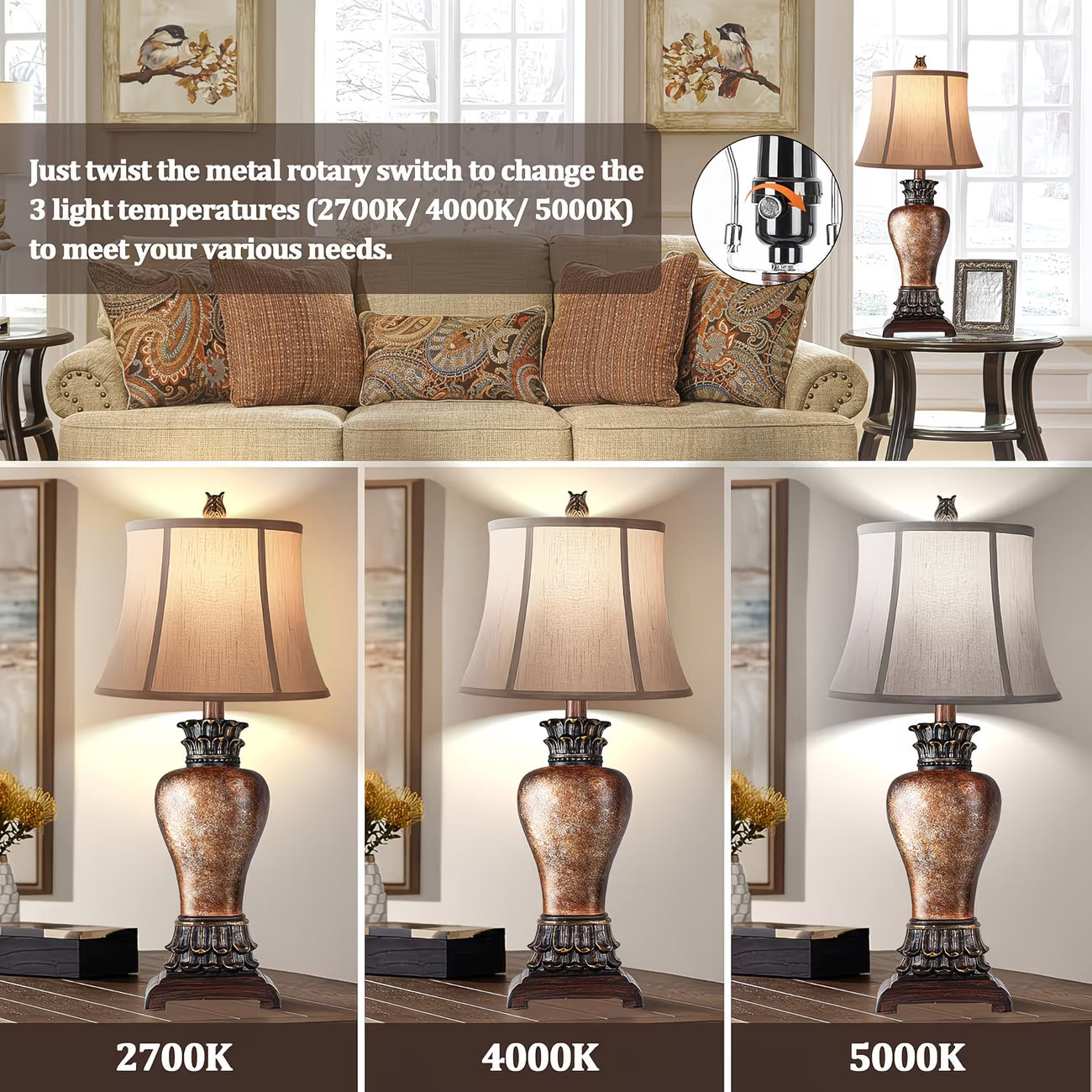 Table lamp with metal rotary switch for changing light temperatures in a living room setting.