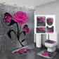 Bathroom set with pink rose and butterfly design including shower curtain, rug, and toilet cover.