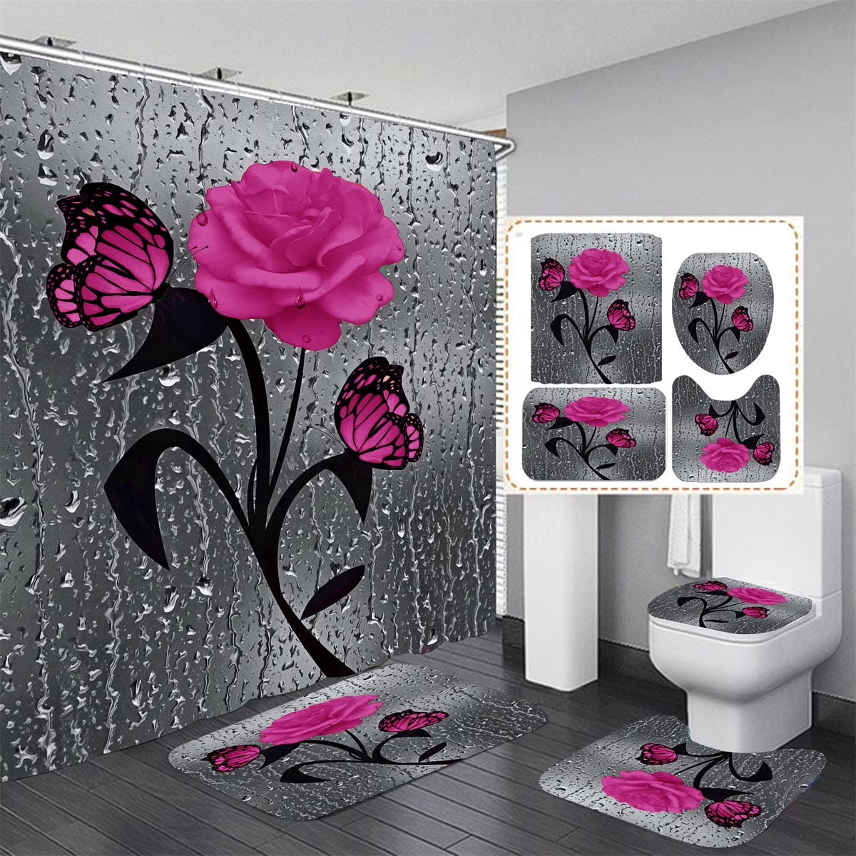 Bathroom set with pink rose and butterfly design including shower curtain, rug, and toilet cover.
