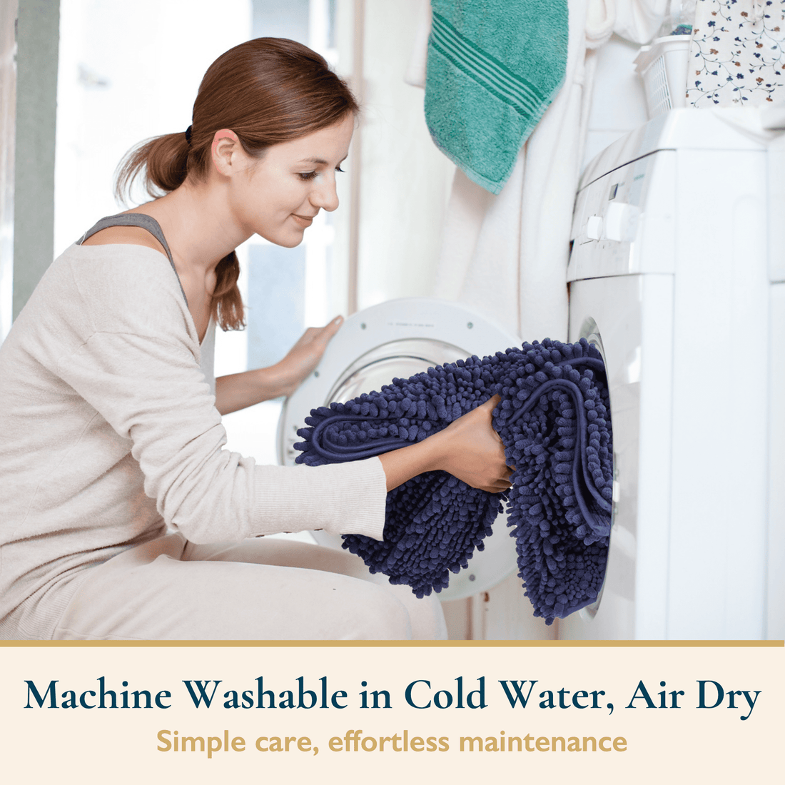 Woman holding a blue towel next to a washing machine with text about machine washable towels.
