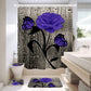 Bathroom with a decorative shower curtain featuring purple flowers and butterflies.