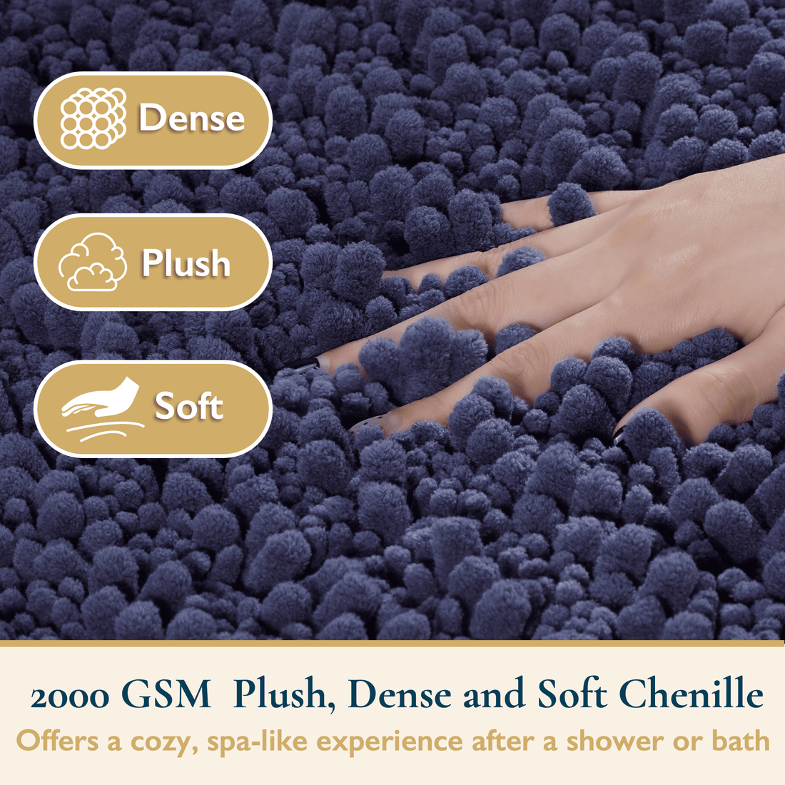 Navy blue Chenille fabric with hand showing texture, labeled as Dense, Plush, and Soft, with text about 2000 GSM quality.