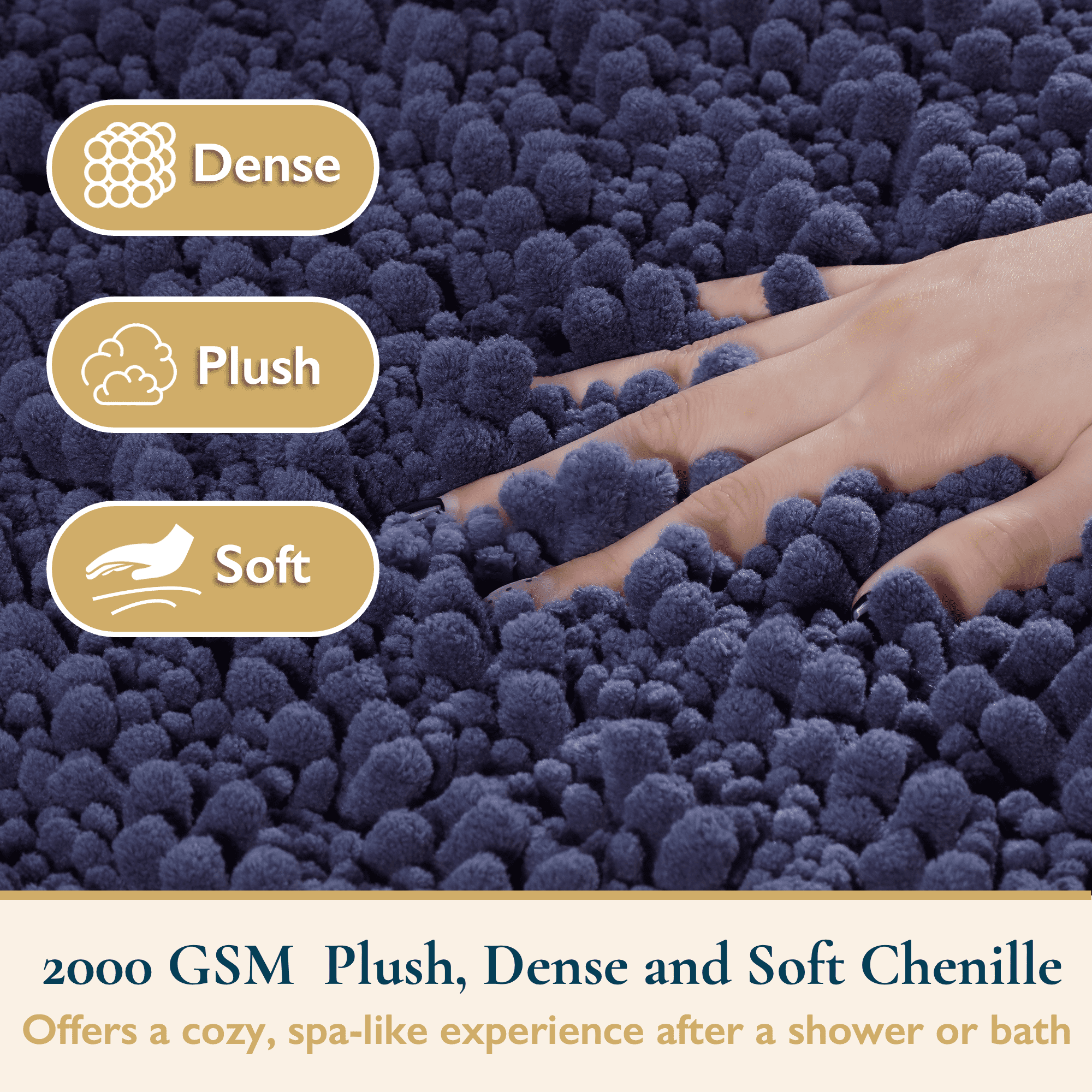 Navy blue Chenille fabric with hand showing texture, labeled as Dense, Plush, and Soft, with text about 2000 GSM quality.