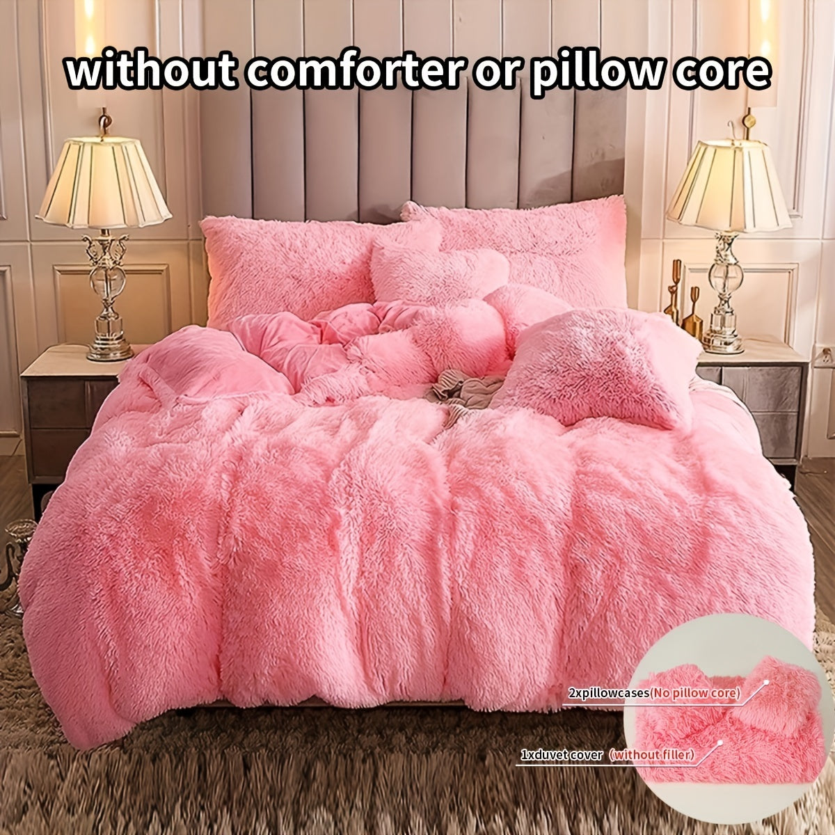 Pink fluffy comforter set without comforter or pillow core on a bed.