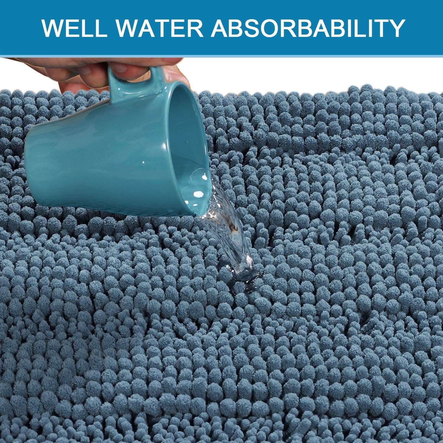 Blue mat absorbing water from a cup with text 'WELL WATER ABSORBABILITY' at the top.