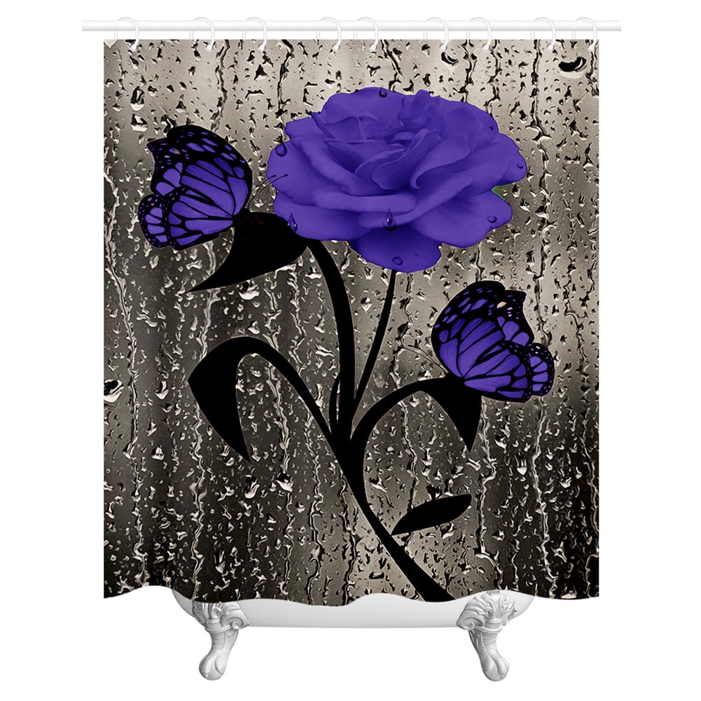 Shower curtain with purple rose and butterflies design on a textured background