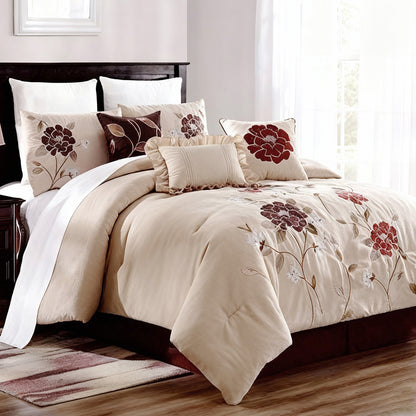 bed with floral patterned bedding in a bright bedroom.