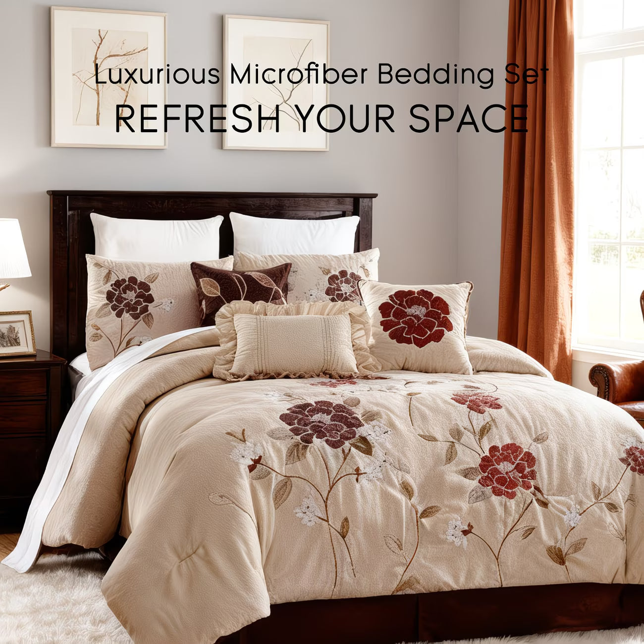 Floral patterned bedding set on a bed in a bedroom with text overlay.