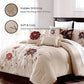Neatly made bed with floral bedding and decorative pillows in a bedroom setting.