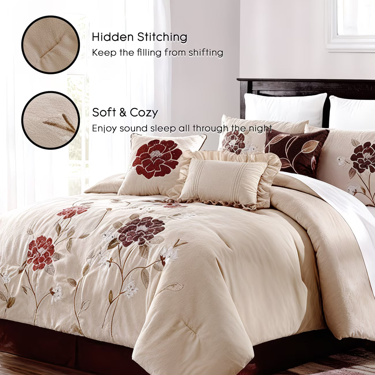 Neatly made bed with floral bedding and decorative pillows in a bedroom setting.