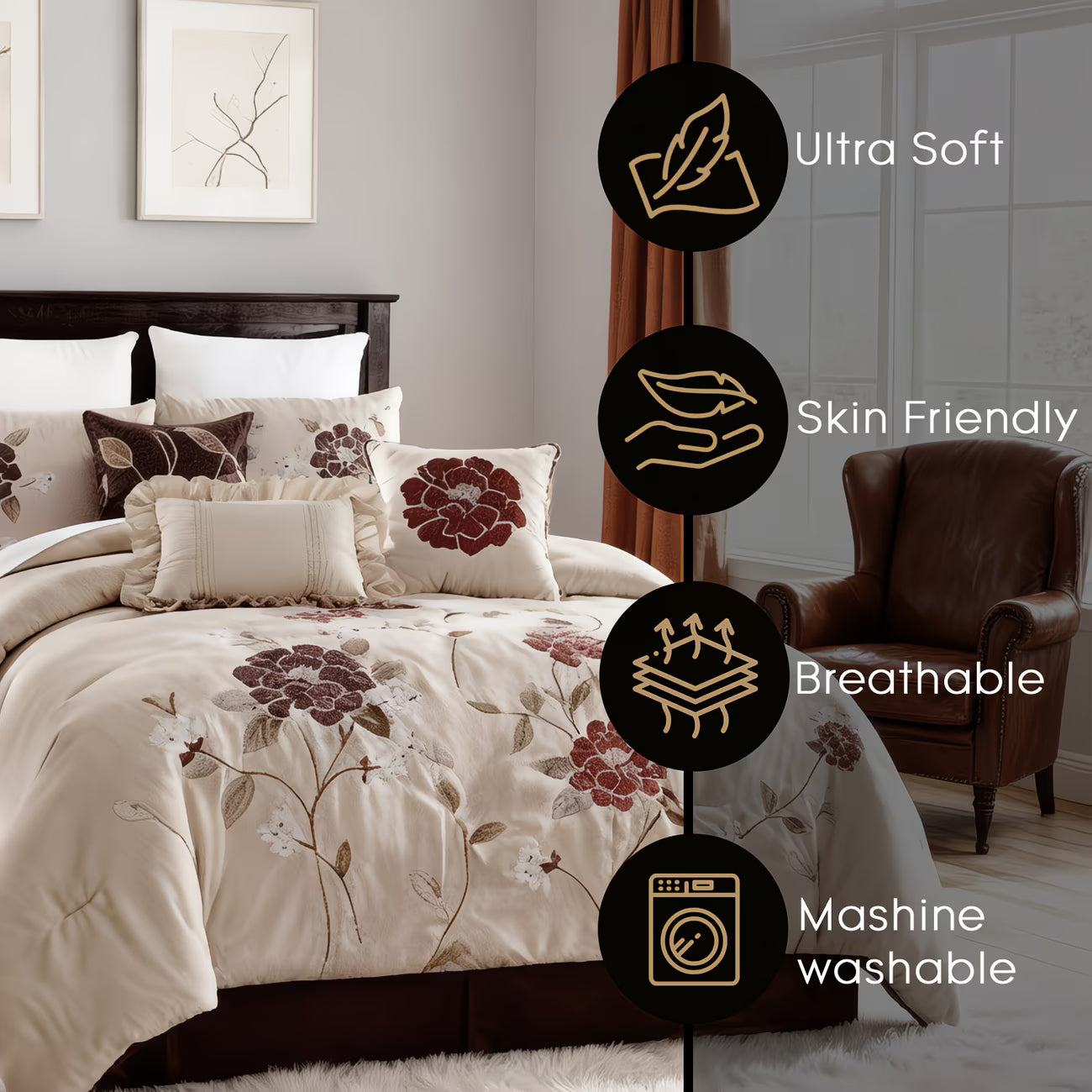 Bedding set with floral patterns in a bedroom setting, featuring icons and text about fabric properties.