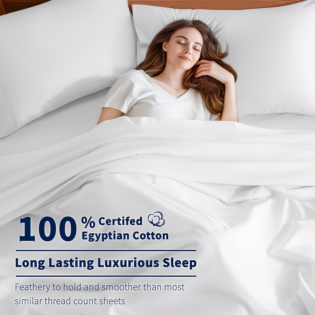 Woman sleeping under white satin sheets with text about 100% certified Egyptian cotton and luxurious sleep.