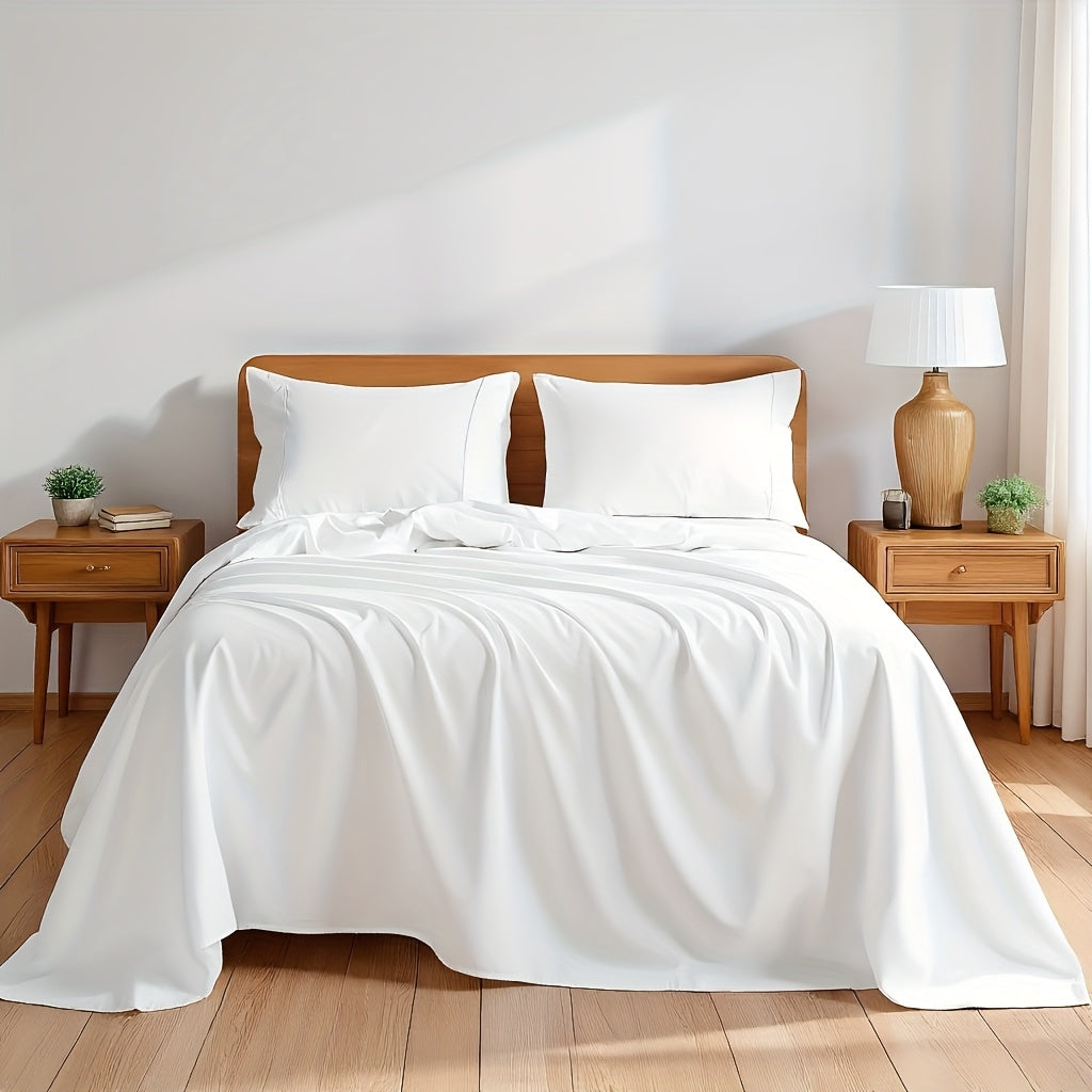 Bedroom with a wooden bed, white bedding, and wooden nightstands.