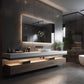 Modern bathroom with a large mirror, sink, and wooden vanity.