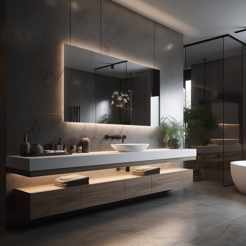 Modern bathroom with a large mirror, sink, and wooden vanity.