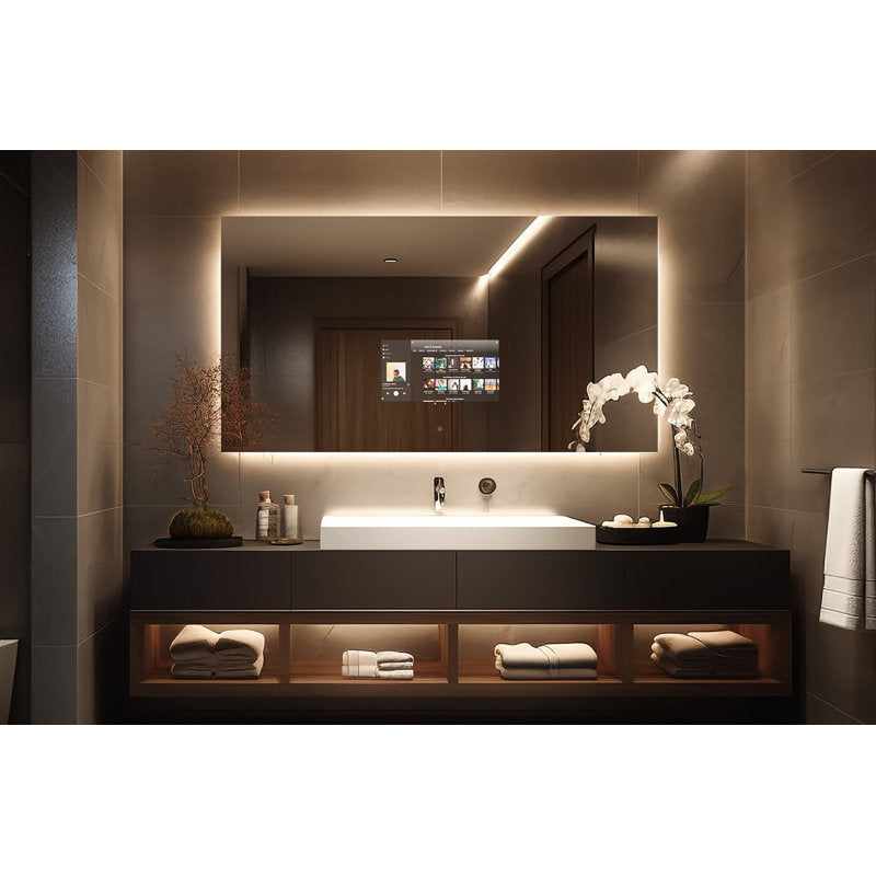 Modern bathroom with a large mirror, sink, and shelves with folded towels.