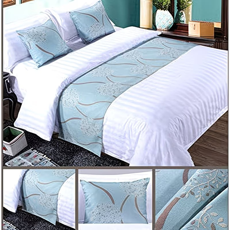Bed with white bedding and light blue decorative runner in a bedroom setting.