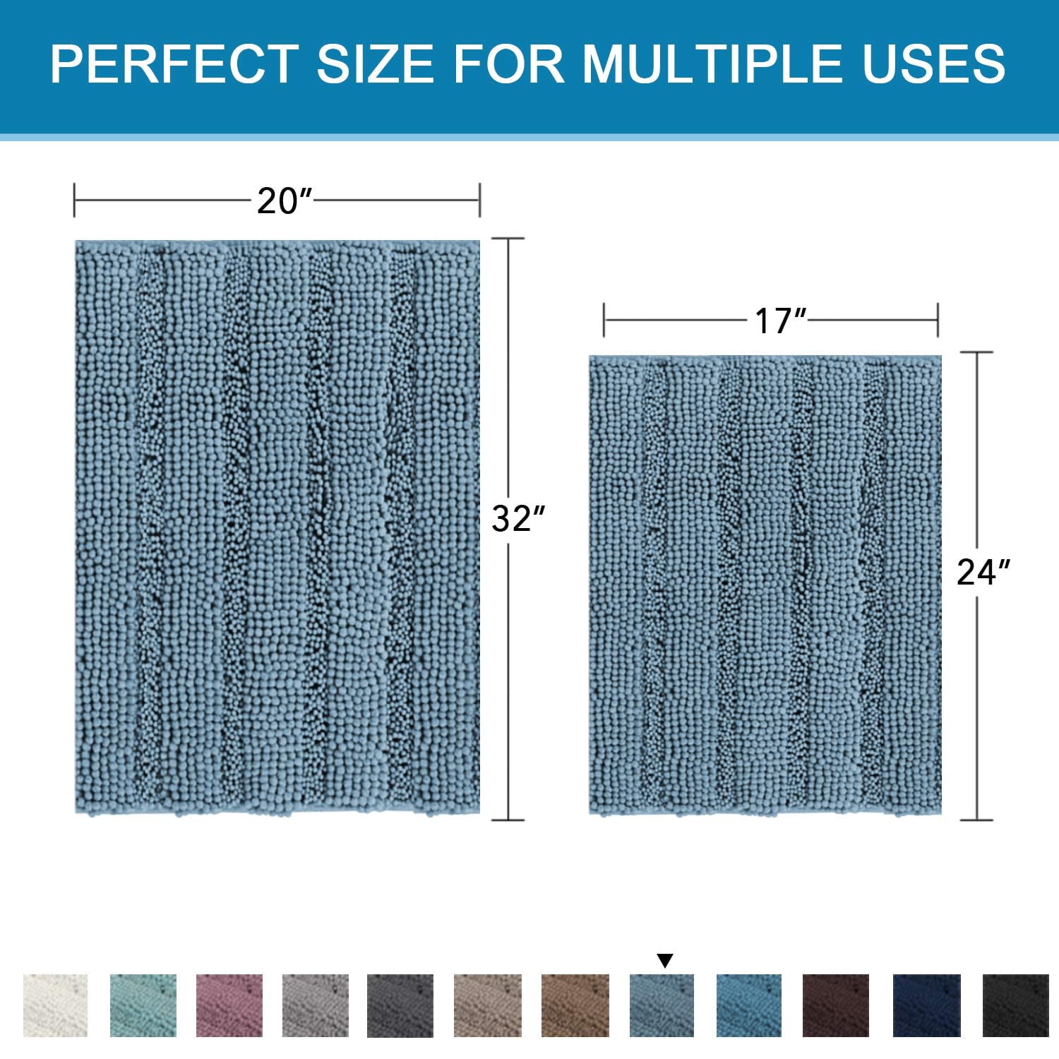 Measurement chart of two blue bath mats with dimensions and color swatches below.