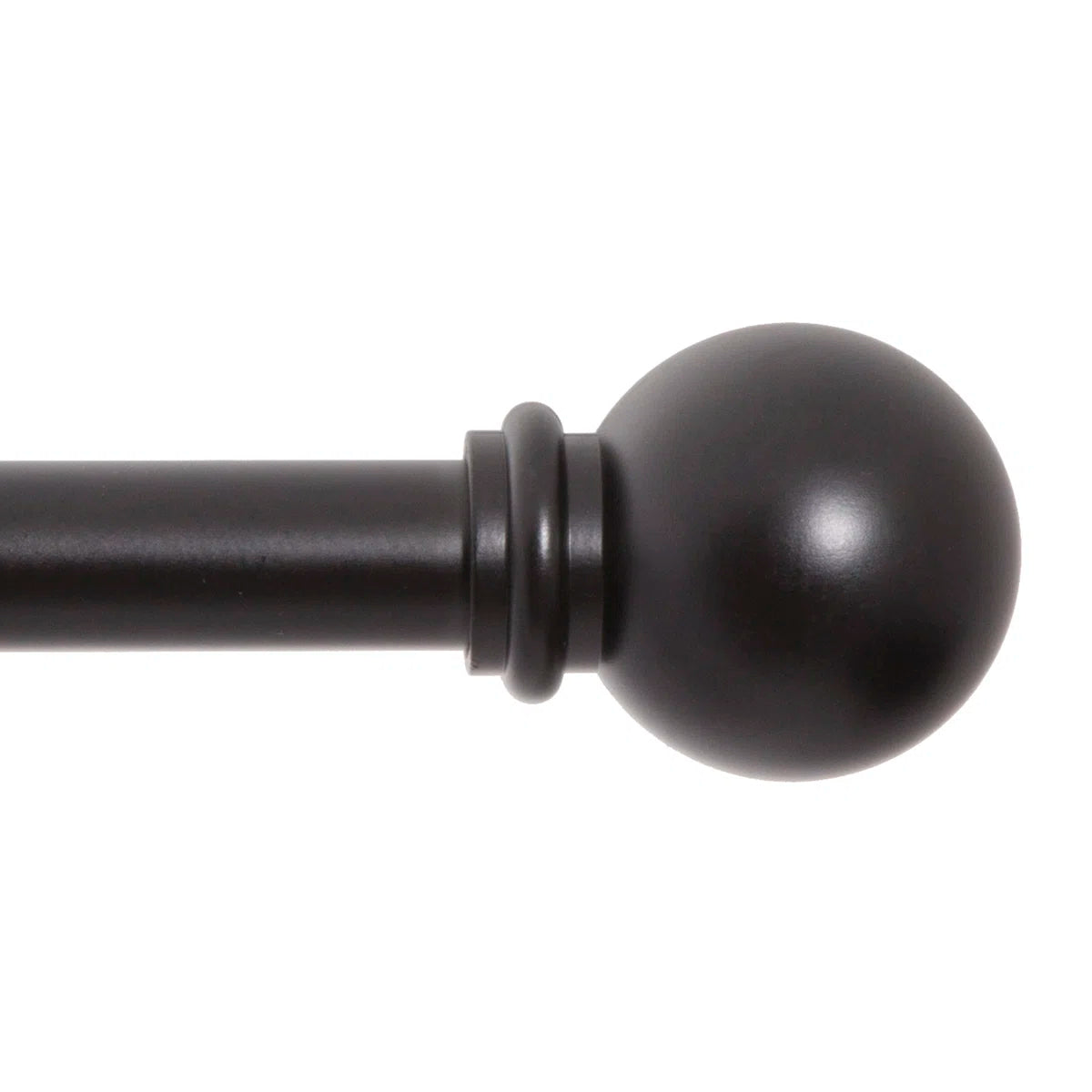 Black curtain rod with spherical finial on a white background
