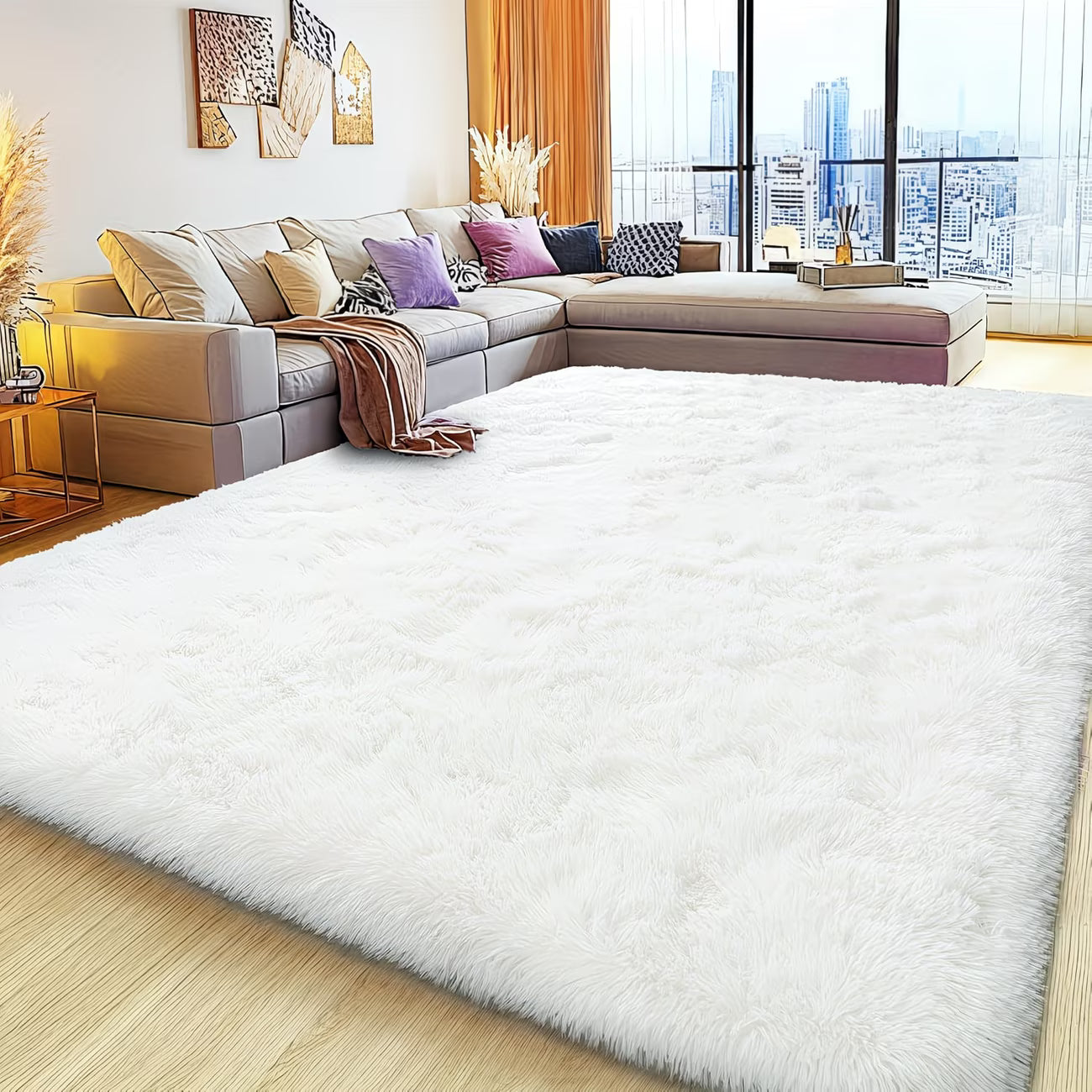 White fluffy rug in a living room with a sectional sofa and city view.