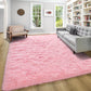Living room with a pink rug, gray sofa, and bookshelf.