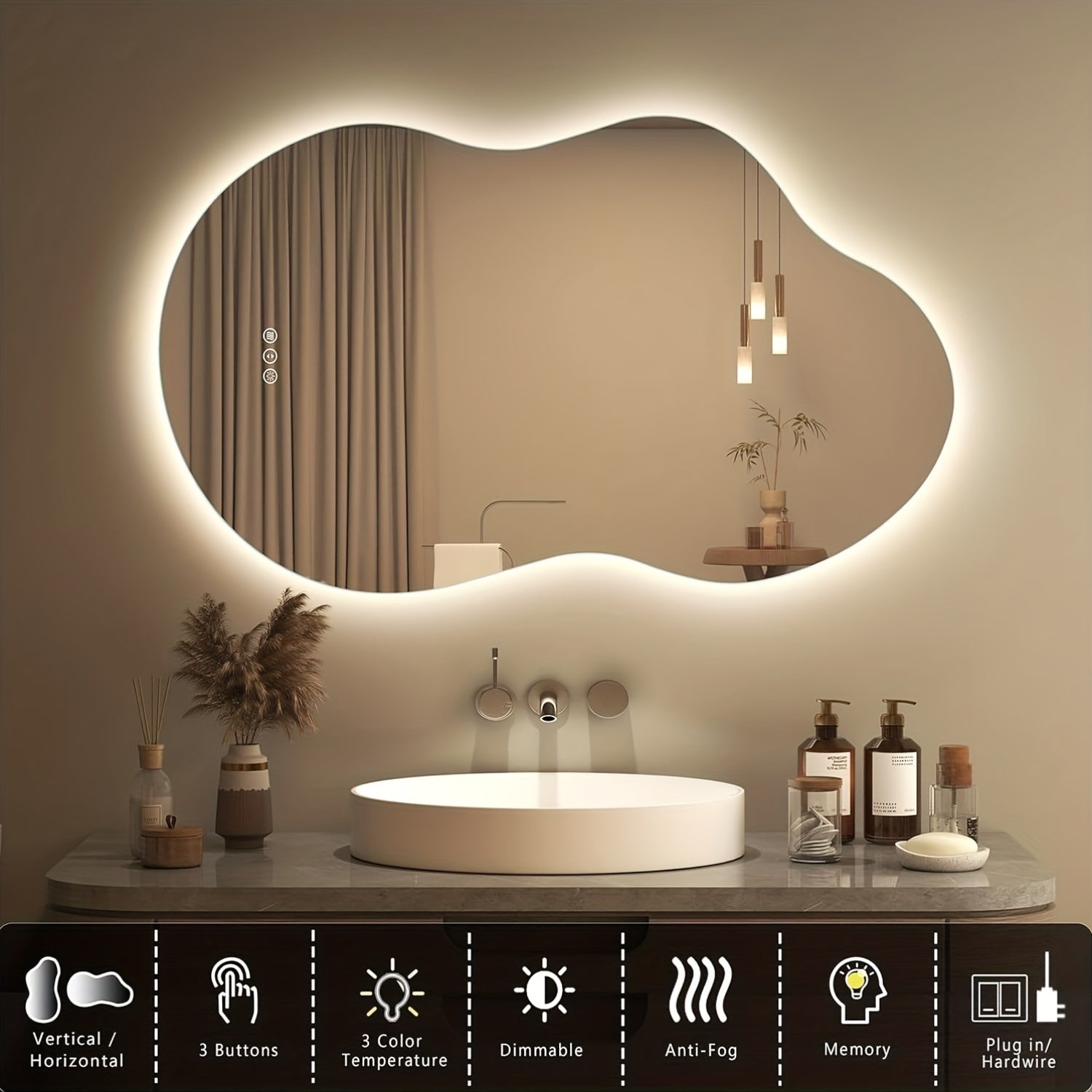 Bathroom vanity with a large illuminated mirror, sink, and decorative items.